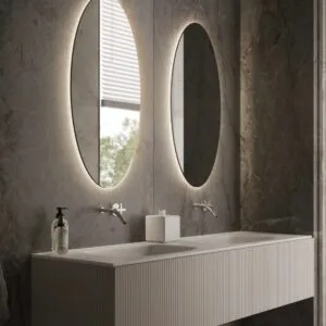 105x65cm Yuvarlak Dekoratif Banyo Duvar Aynası Ledli Banyo Duvar Aynası